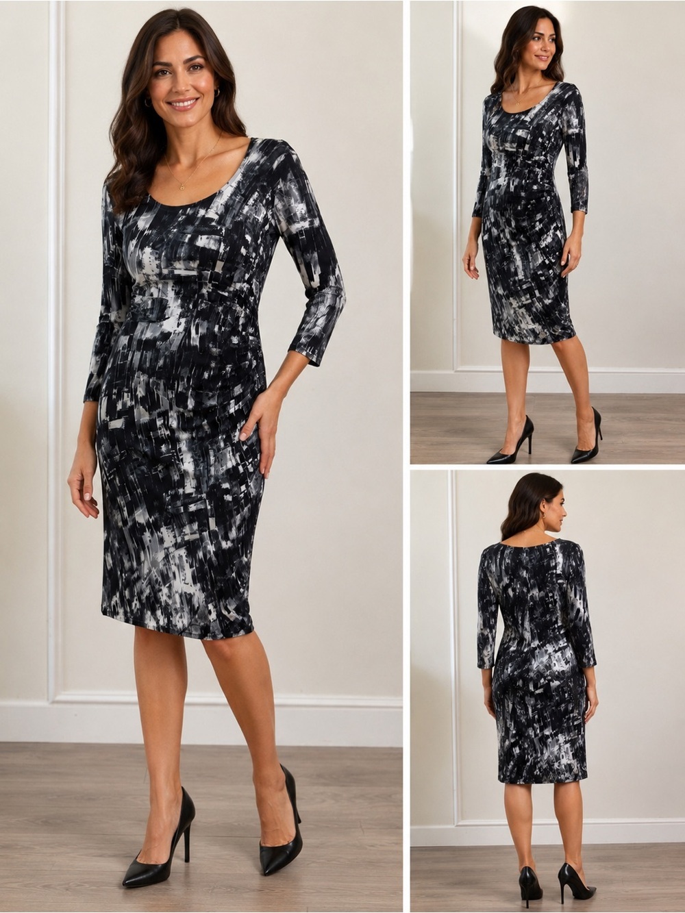 Milano Black & White Abstract Scoop-Neck Midi Dress